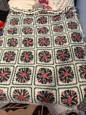 Handmade Crochet Blanket - twin or full Green, White & Pink